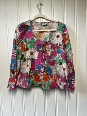 Tuckernuck Wild Rhapsody Baskin Tie Top Floral Peplum Blouse Size M
